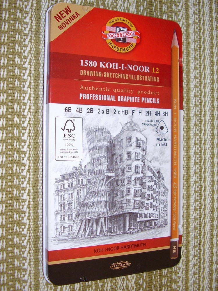 Koh-i-Noor Tin of 12 1580 Wood Pencils (6B to 6H, Triangular, Ergonomic Shape)