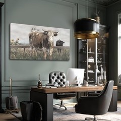 ZENPEE Black and Canvas Wall Art Painting – Rustic 48″L x 24″W Brown Cow