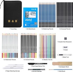 H & B 72PCS Drawing Supplies, Sketching Art Kit with A5 – Graphite, Charcoal, Wa