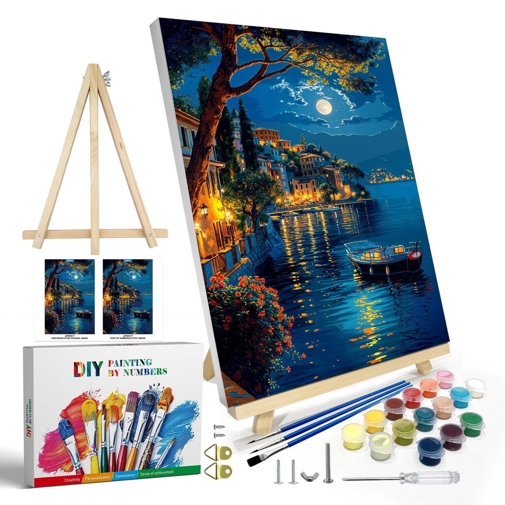 Paint by Numbers Kit for Adults with Frame, Moon Paint by Number with Easel