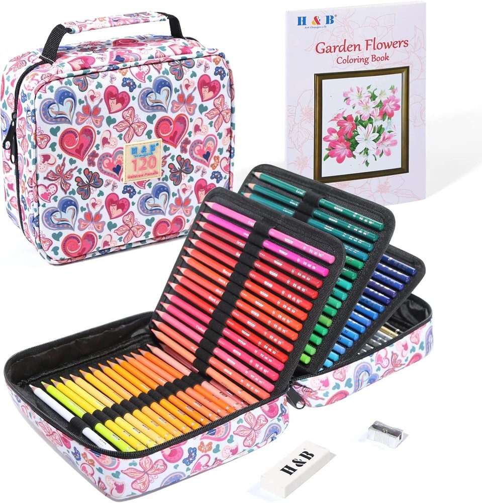 H & B 120 Colored Soft-core Coloring Pencils Set, Coloring Book and Portable Sto