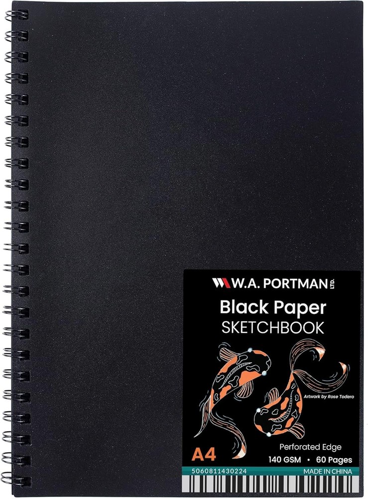 WA Portman Black Paper Sketchbook – A4 (8.3″ x 11.7″) Black Drawing Paper – 6…