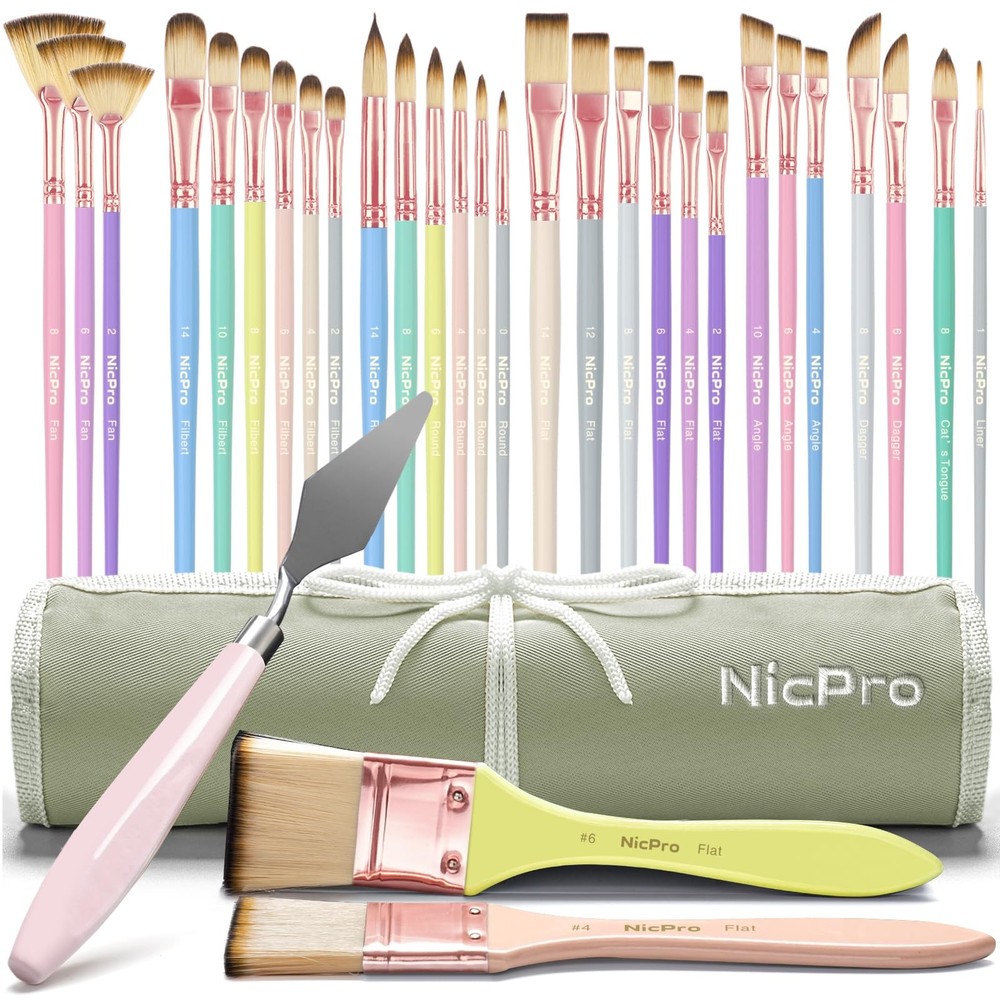 Nicpro 30pcs Paint Brush Set, Aesthetic Pastel 0 to 14 inches,