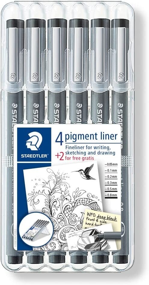 Staedtler Pigment Liner 308SB6P Set 4 + 2 for Sketch drawing 6 Liners Ink Black