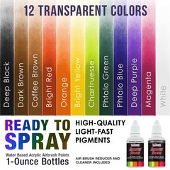 U.S. Art Supply 12 Color 1oz Transparent AIRBRUSH Paint Set w Cleaner & Thinner