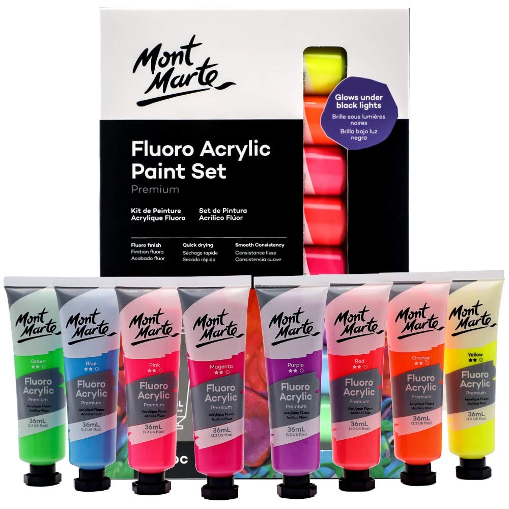 Mont Marte Fluoro Acrylic Paint Set 8×1.02oz 8 Colors Canvas Card Paper Wood