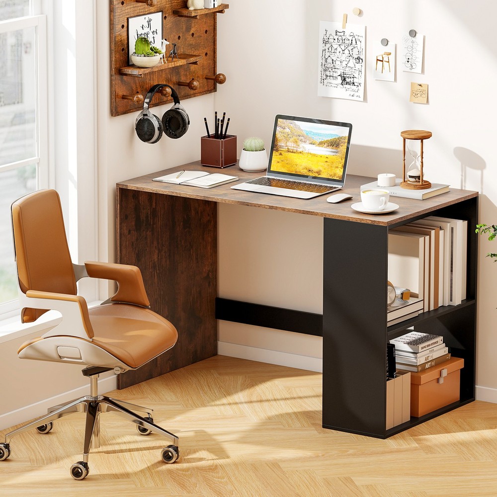 44 Inch Wooden Computer Desk with Bookshelf for Small Space-Rustic Brown and …