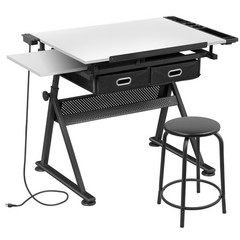 Drafting Table White Drawing Desk Craft Station Artist w/ Charging Station Stool