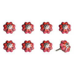 Set of Eight Red Pink And Green Floral Ceramic Drawer Pull Knobs