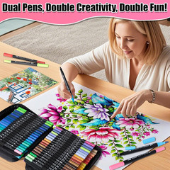 Art Supplier Dual Brush Markers Pens, 110 Artist Coloring Marker Set, Fineliner