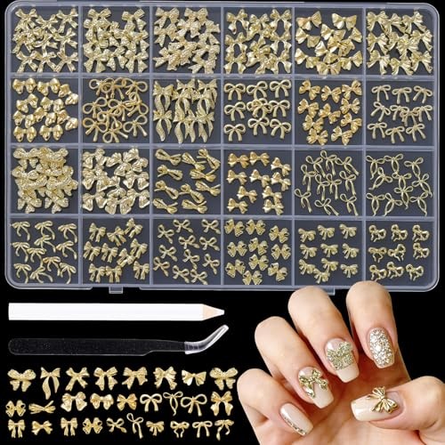 240 Pcs Gold Bow Nail Charms, Golden Bows Nail Art Studs for Acrylic gold