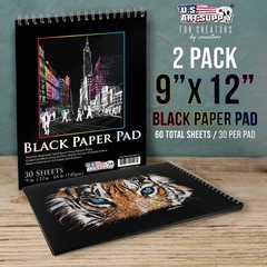 9″x12″ Black Heavyweight Paper Spiral Bound Sketch Pad,140gsm,30 Sheets (2 Pads)