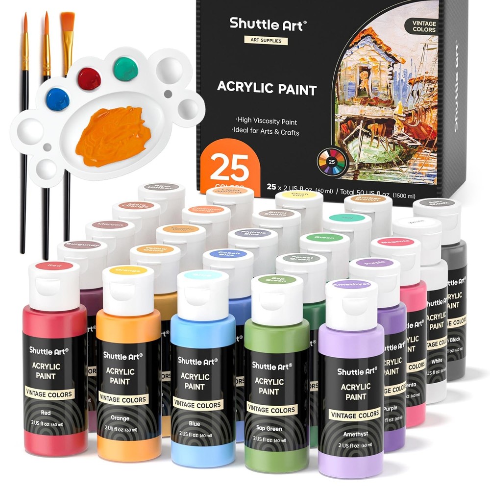 Shuttle Art Acrylic Paint Set 25 Vintage Colours 2oz/60ml Bottles Rich Pigmented