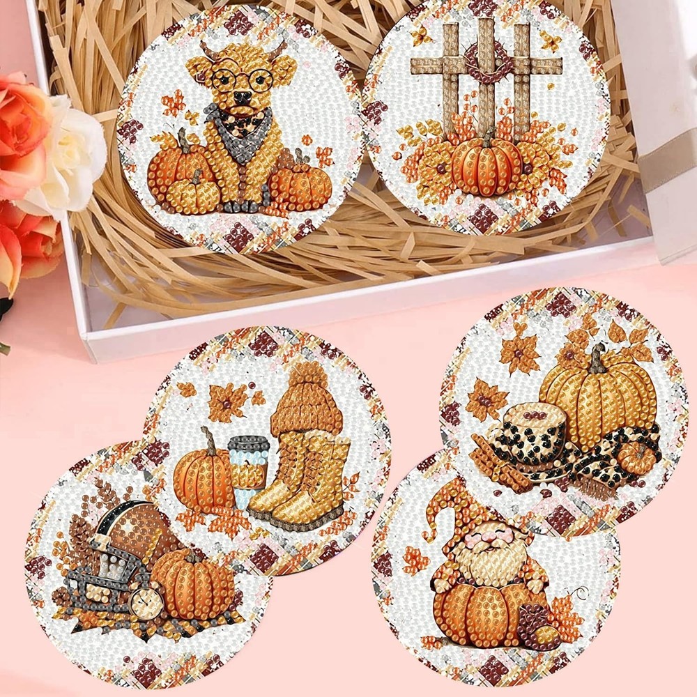 Fall Coasters 5D Diamond Painting Kit Set Of 8 Pumpkin Spice Latte Coffee Gnome