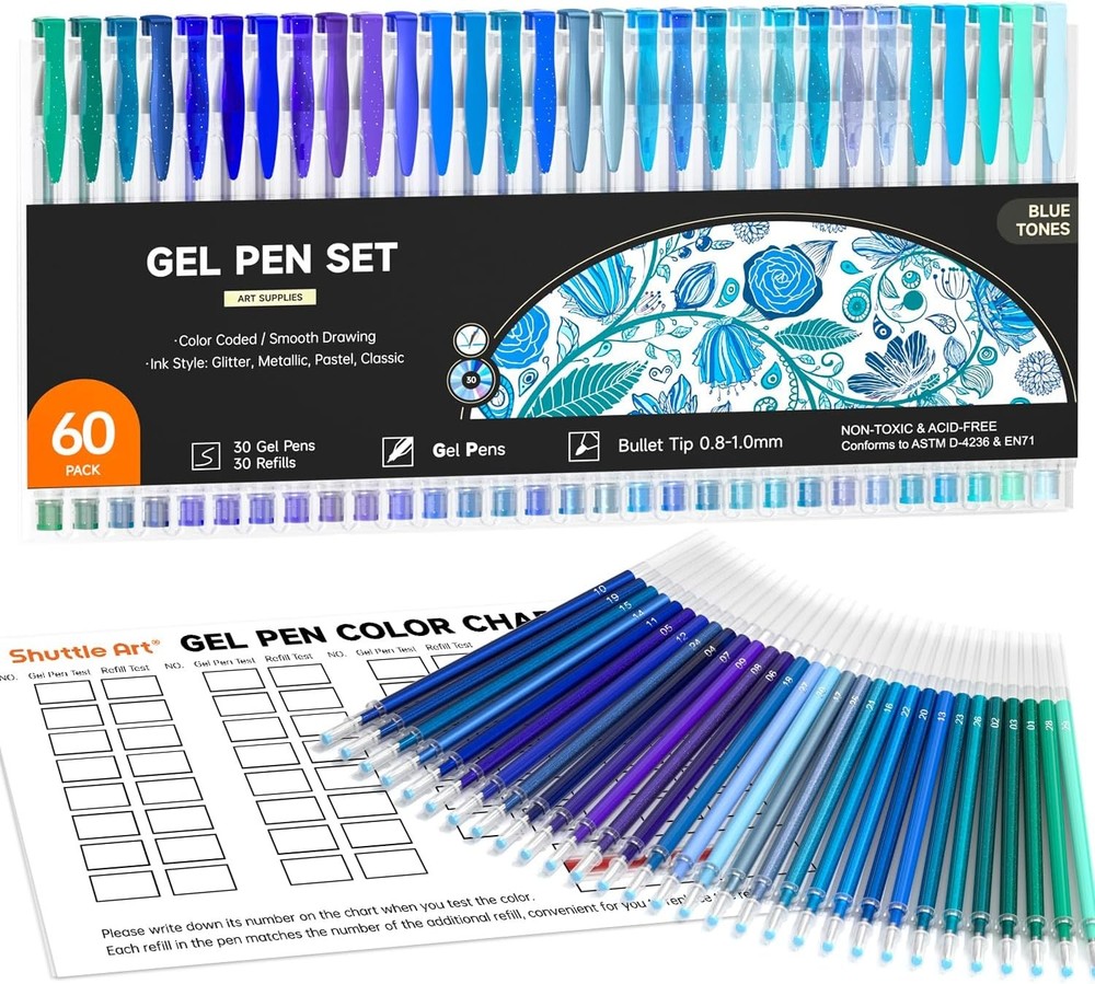 60 Pack Blue Tone Gel Pens Set With Matching Refills