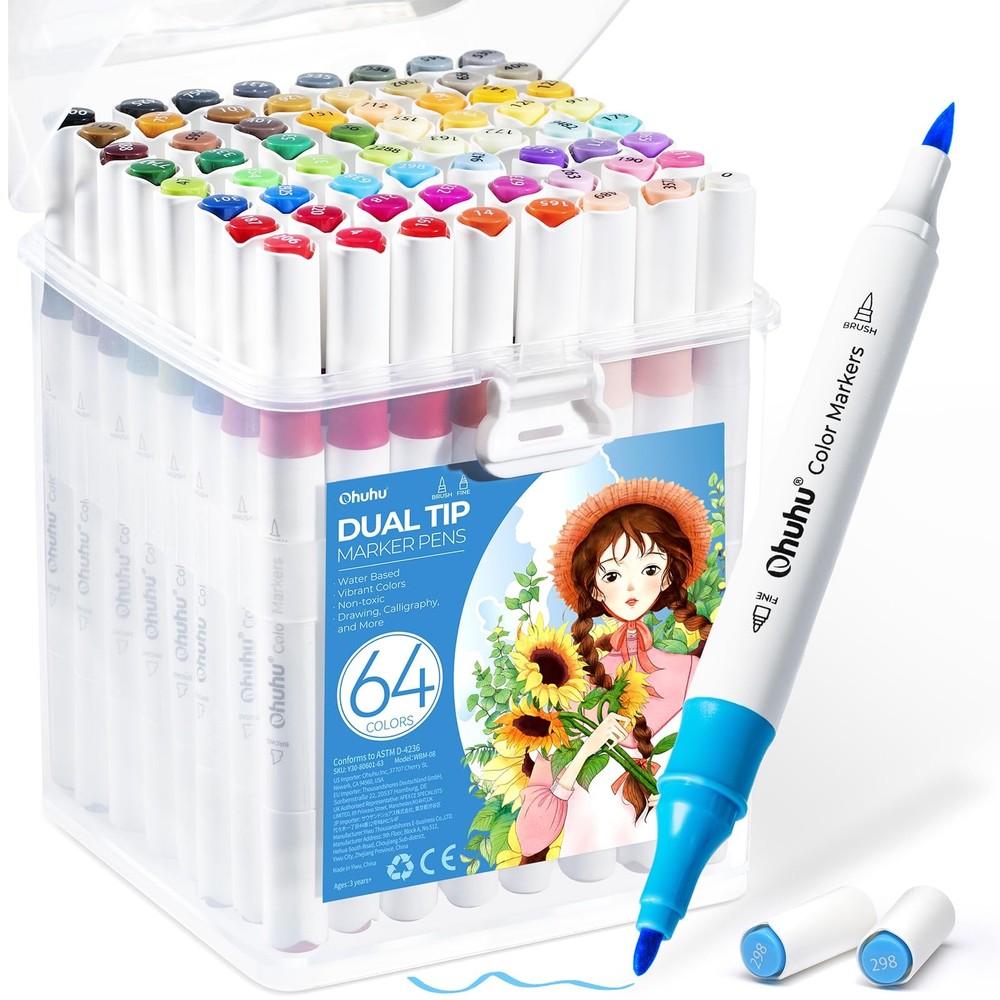 Ohuhu Water-Based Markers, Brush Type, Fine Point, Armor Marker Pen, 63 Colors,