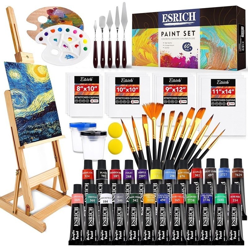 Professional Acrylic Painting Set 60 Pieces W/ Brushes Canvas Easel Gift Box New