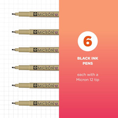 Pigma Micron Fineliner Pens, 12 Tip Size, Archival Black Ink, 6 PK 50132
