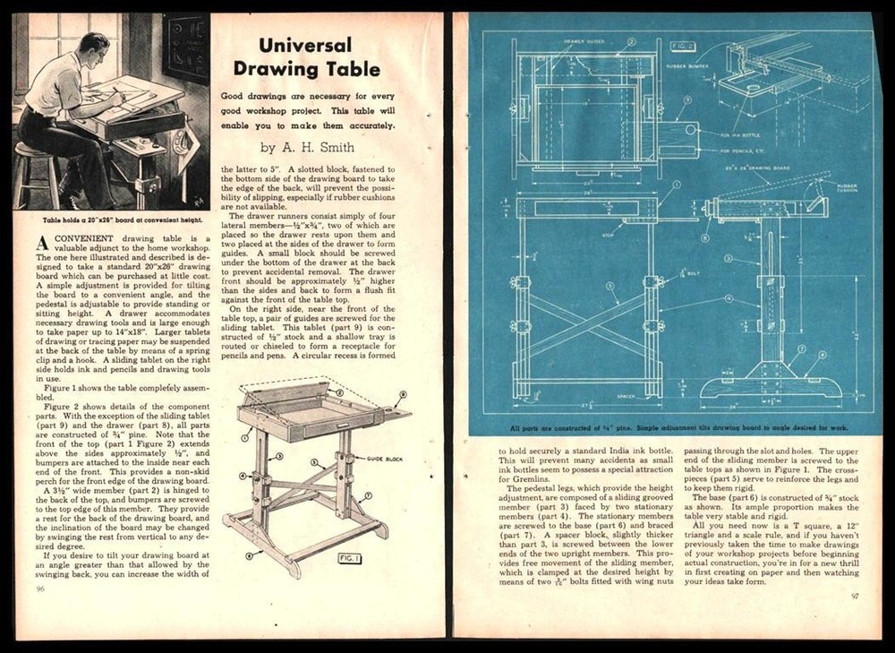 Drawing~Drafting Table with drawer 1944 HowTo Build PLANS adjustable height