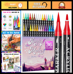 36 Colors Dual Tip Acrylic Paint Markers – Fine & Brush Tips for Rock, Canvas, W