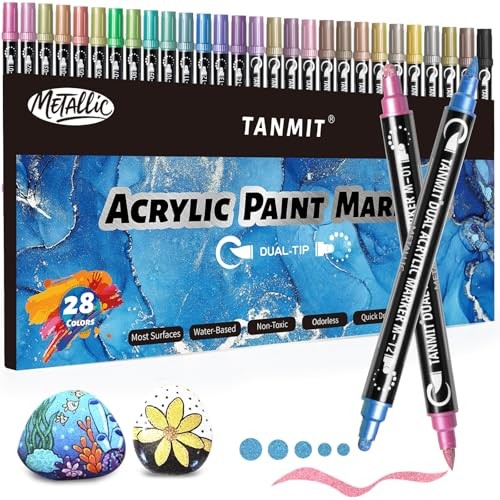 Metallic Colors Acrylic Paint Markers, Dual Tip Acrylic Paint Pens for Rock 28