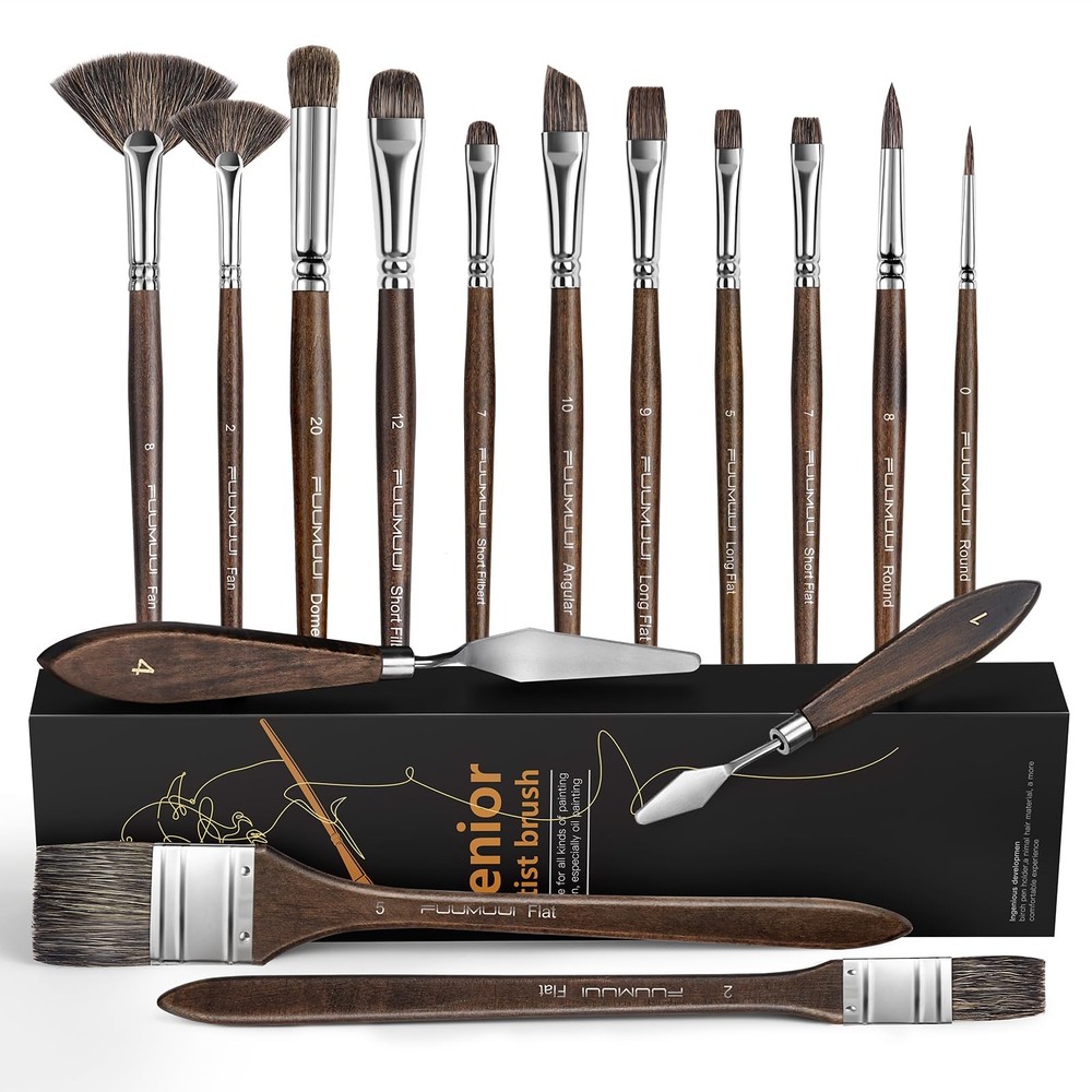 15Pcs Professional Oil Paint Brush Set with Natural Bristle & Palette Tools