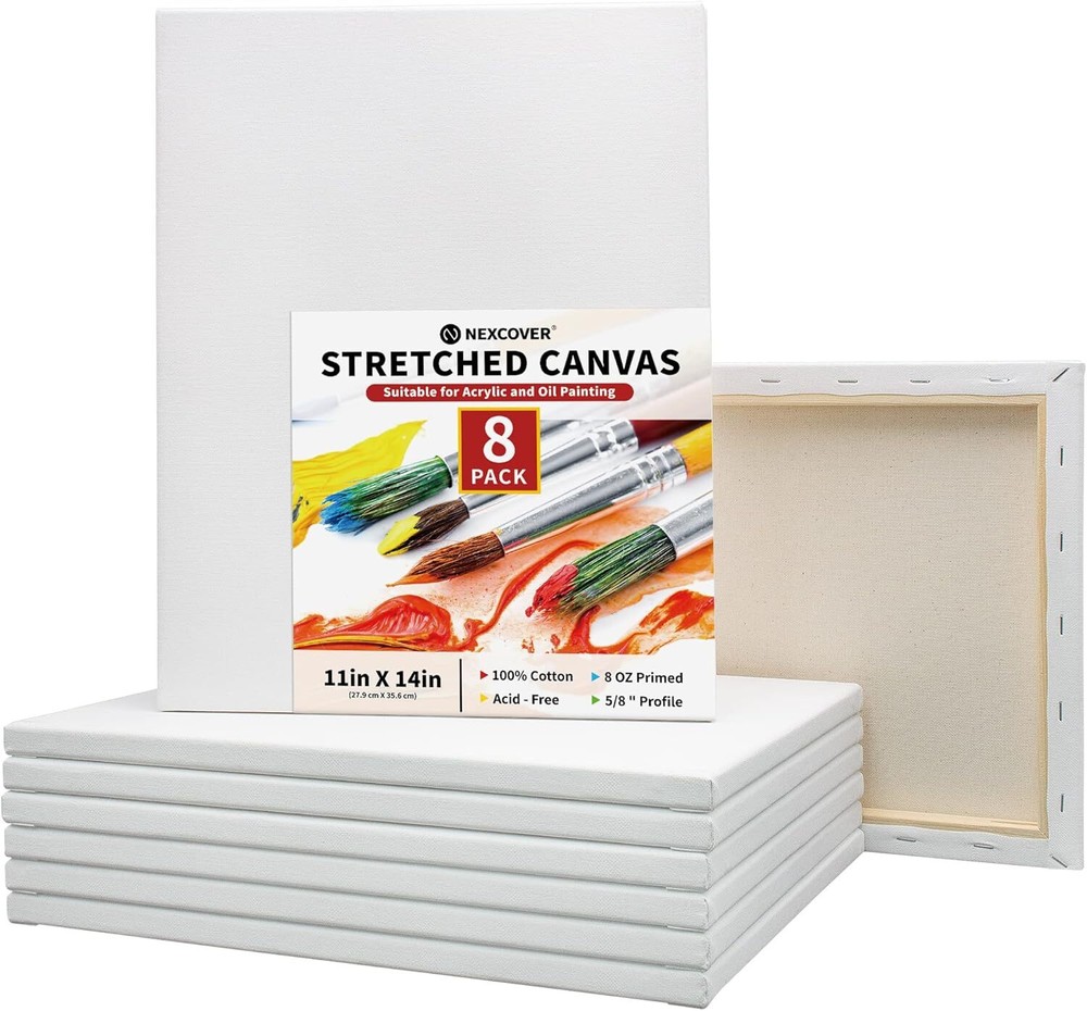 Stretched Canvas – 8 Pack 11×14 Inch 5/8” Profile 100% Cotton Art Canvas Trip…