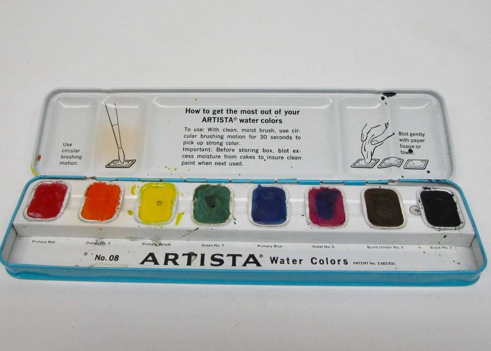 Arista watercolors water colors set paint tin vintage blue metal 8 colors used