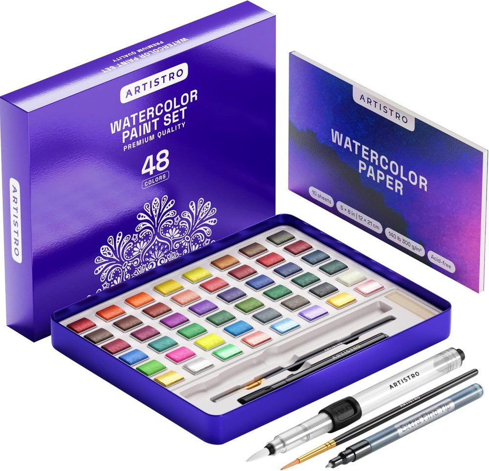 ARTISTRO 48 Color Watercolor Paint Set – Portable Paint Art Kit with Palette and