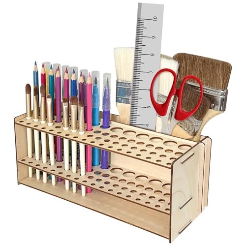 Wooden Paint Brush Holder with Glue 67 Hole and Large Tool Compartment Paint