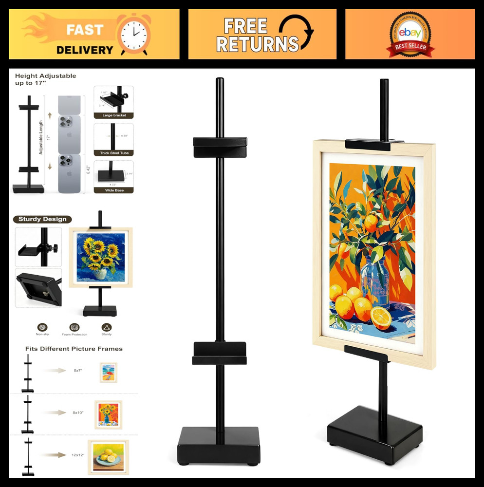Adjustable Tabletop Easel Stand for Art & Photos, Holds Up to 17″ – Black Metal