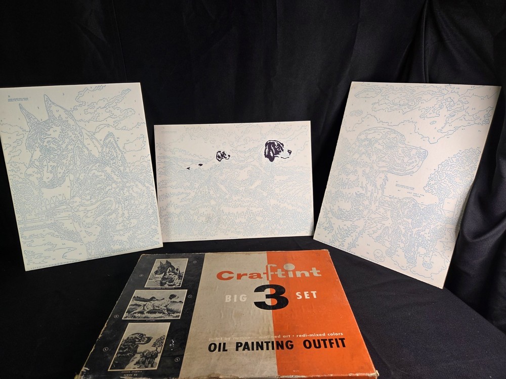 Vtg 1950s Craftint Oil Paint by Number Big 3 Canvases – Dogs – See Details