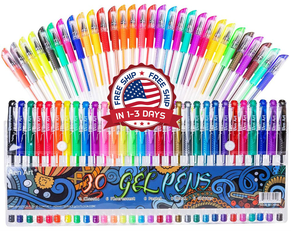 30 Colors Gel Pens Set Glitter Metallic Fine Point for Adult Coloring Book Art