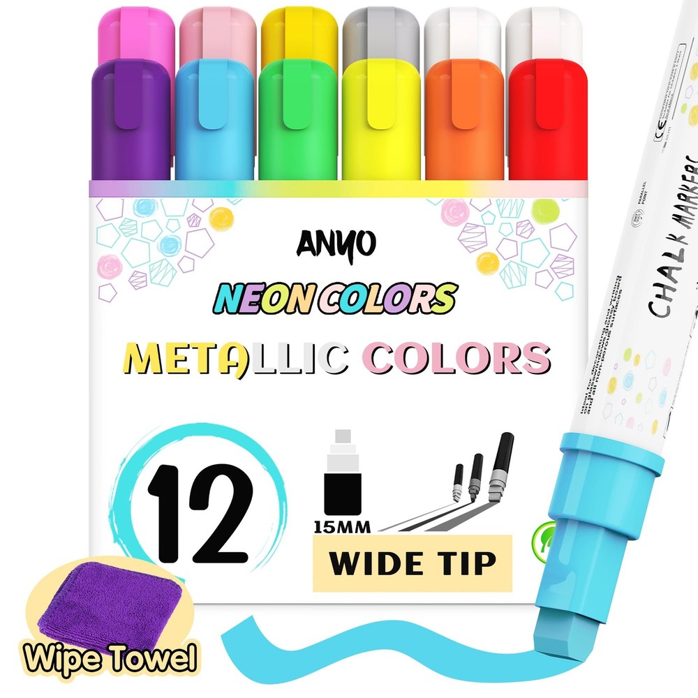 WINDOW MARKERS Washable Metallic Neon 15mm 12 Pack CHALKOLA