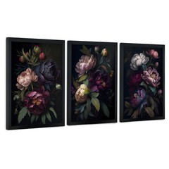 ICHZUMW Moody Peony Floral Canvas Wall Art Set of 3, Black Wood Framed Dark A…