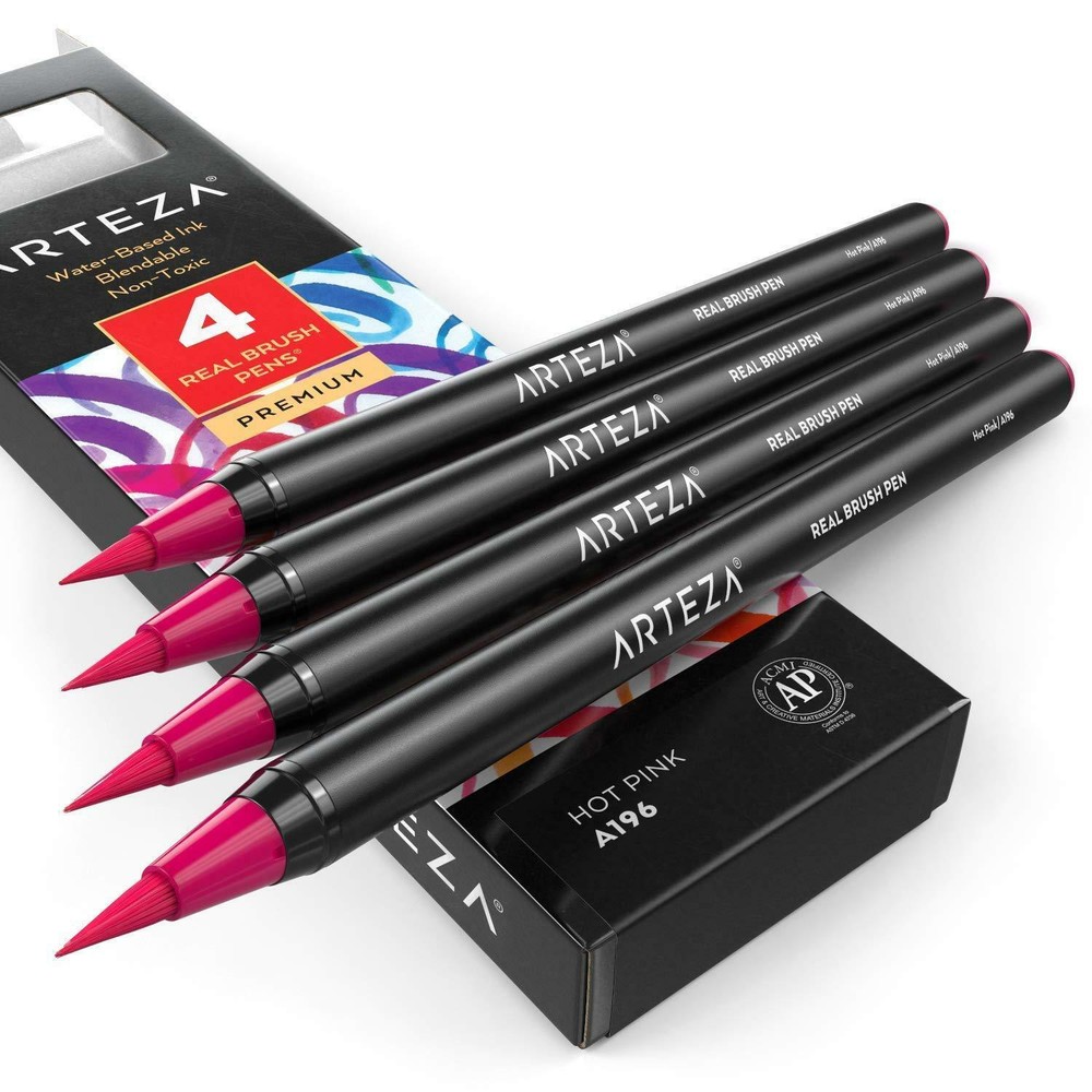 Arteza Real Brush Pens A196 Hot Pink SINGLE COLOUR PACK OF 4