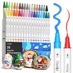 JusArt 36 Colors Acrylic Paint Markers, Dual Tip Coloring Markers with Dot and F