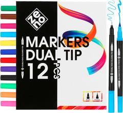 12 Dual Tip Markers Set – No-Bleed Coloring Markers for Adults – Fine & Brush Ti
