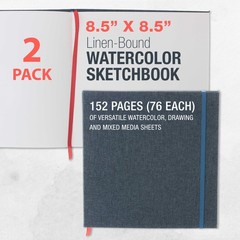 8.5″ x 8.5″ Art Watercolor Book, 2 Pack, 76 Sheets, 110lb, Linen-Bound Hardcover