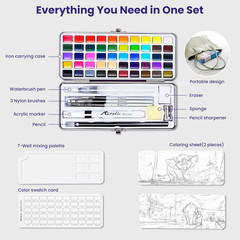 Watercolor Paint Set, 50 Colors, 4 Brushes, 3 Swatch Cards, Palette, Acrylic …