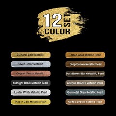 12 Color Set of Metallic Acrylic Paint, 75ml Tubes, Pearl, Artists, Canvas, Wood