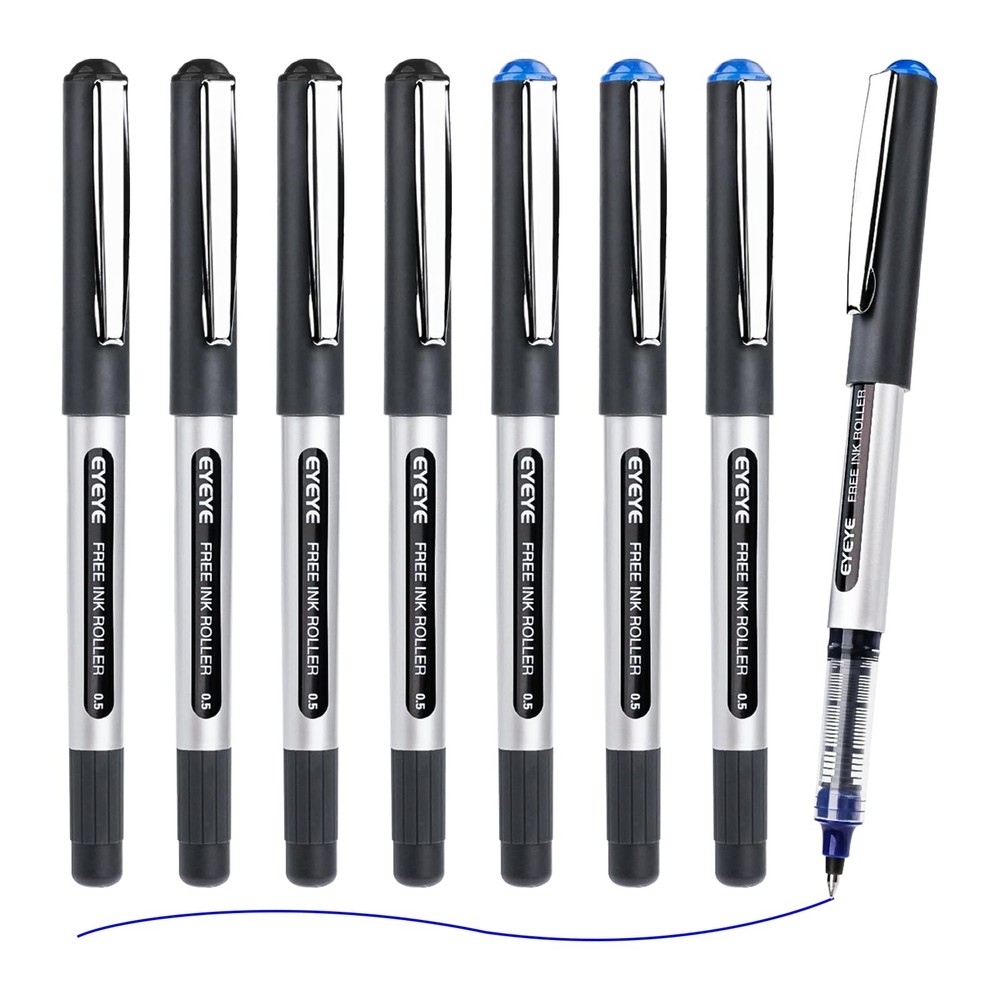 EYEYE Rollerball Pens 0.5mm, 4 Black 4 Blue 8 Pack, 0.5mm 4 Black+4