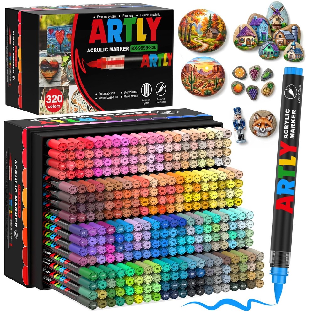 Acrylic Paint Markers 320 Colors Soft Brush Tip Waterproof DIY Crafts Pens Rock