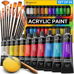 Acrylic Paint Set Professional Artist Painting Pigment Tubes 24 Color 12 Brushes