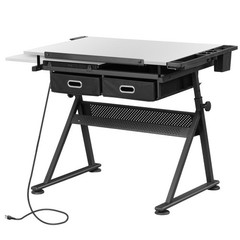 Drafting Table White Drawing Desk Craft Station Artist w/ Charging Station Stool
