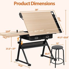 Drafting Table Wooden Drawing Desk Craft Station Artist w/Charging Station Stool