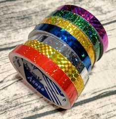 7x Prism TAPES Gold Red Green Blue Silver Pink Holographic Coloured 12mm Twinkle