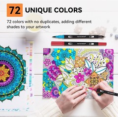Dual Brush Marker Pens 72 Colors Art Markers Set W/ Fine and Brush Tip Kids Gift