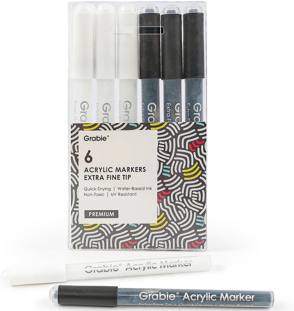 Grabie Black & White Extra Fine Tip Acrylic Paint Marker Set, 6 Pack, 0.7mm Acry
