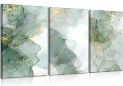 3Pcs Framed Sage Green Gold Canvas Wall Art Abstrac Marble Pictures Elegant M…